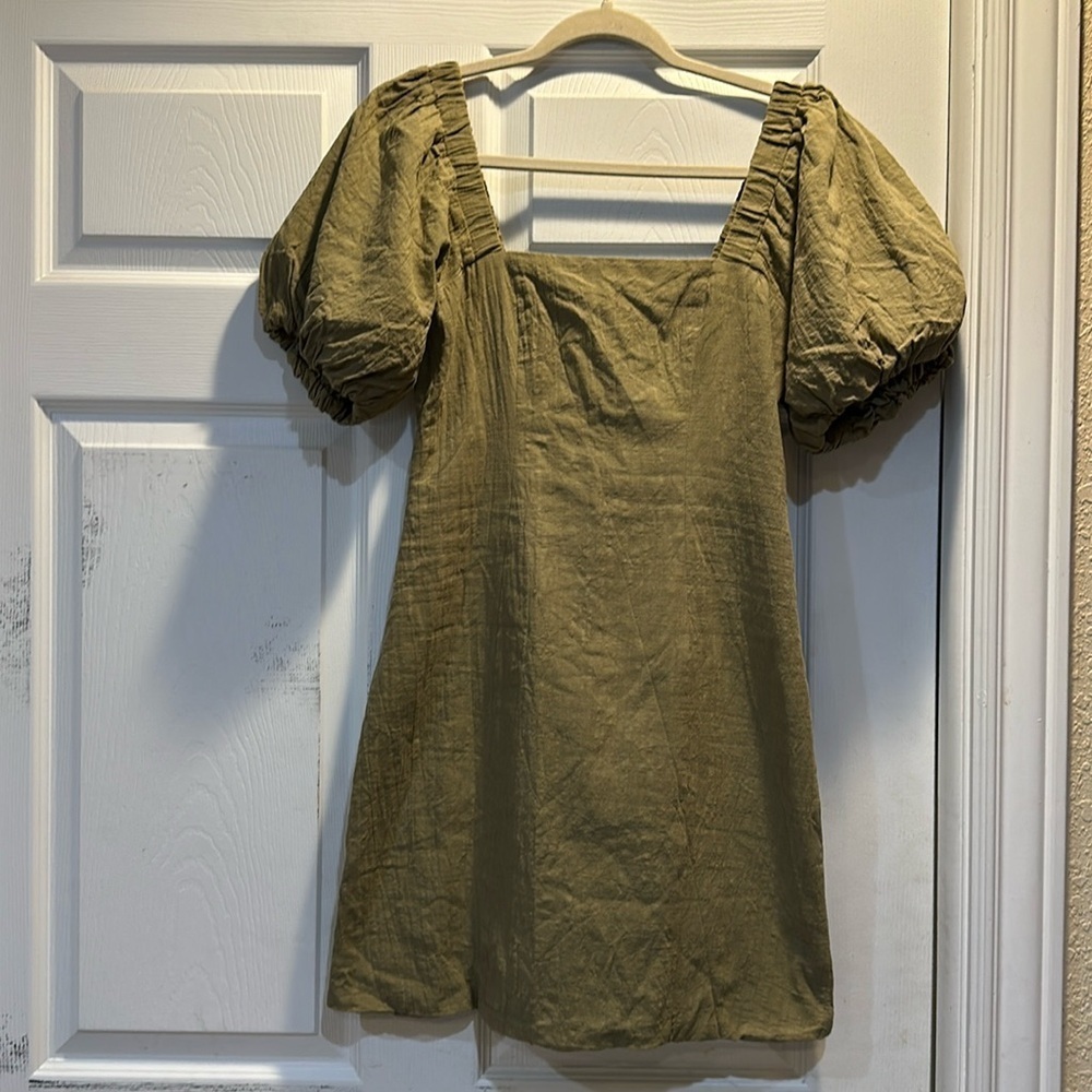 SNDYS Olive Green Tuscany Linen Puff Sleeve Dress M